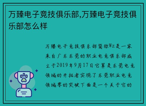 万臻电子竞技俱乐部,万臻电子竞技俱乐部怎么样